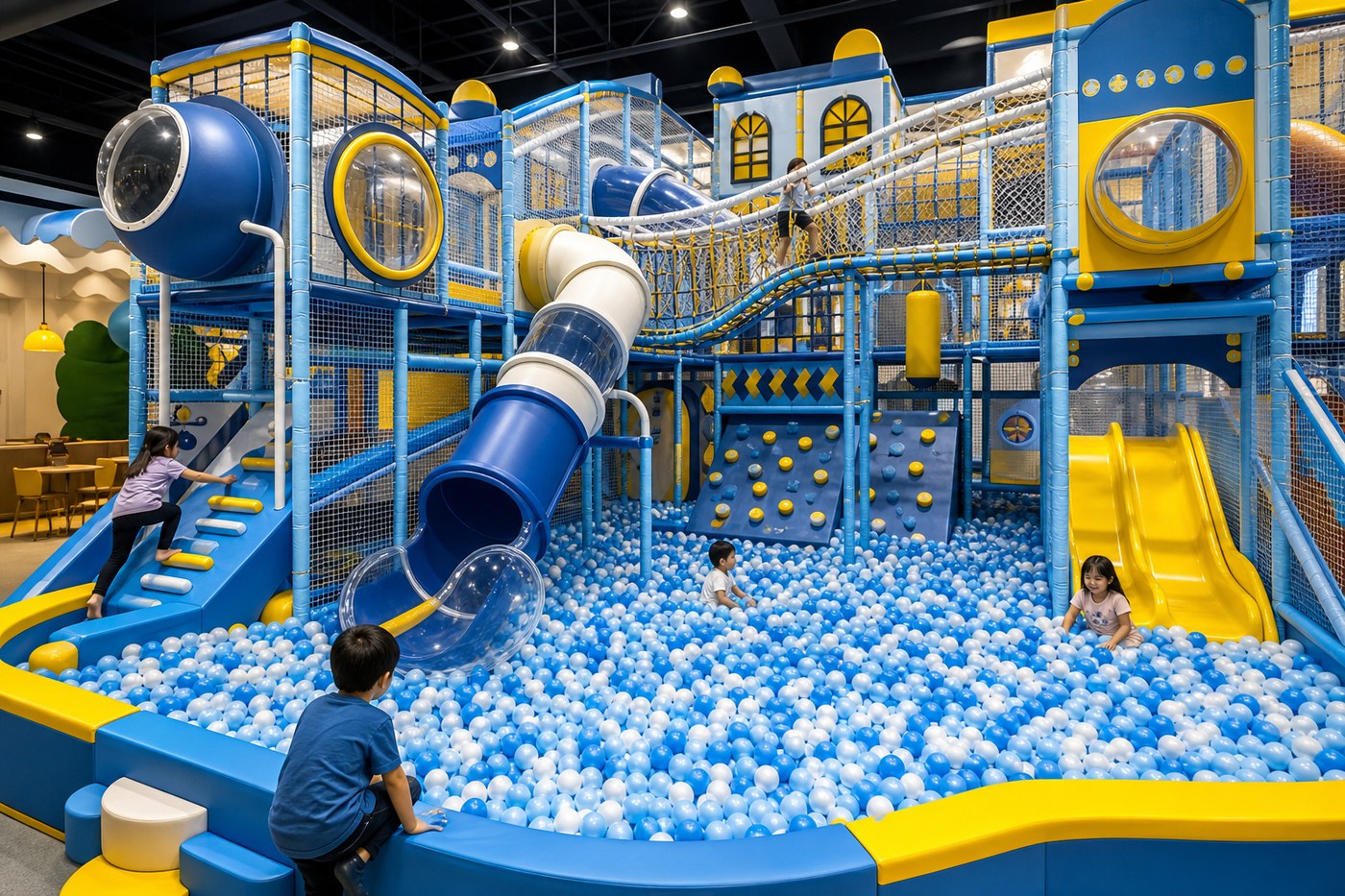 Adventure climbing zone with ball pit and slides